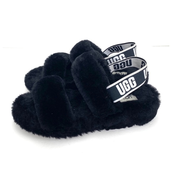 Ugg Oh Yeah Fur Double Strap Flat Sandals In Black Size 10 - Picture 7 of 11